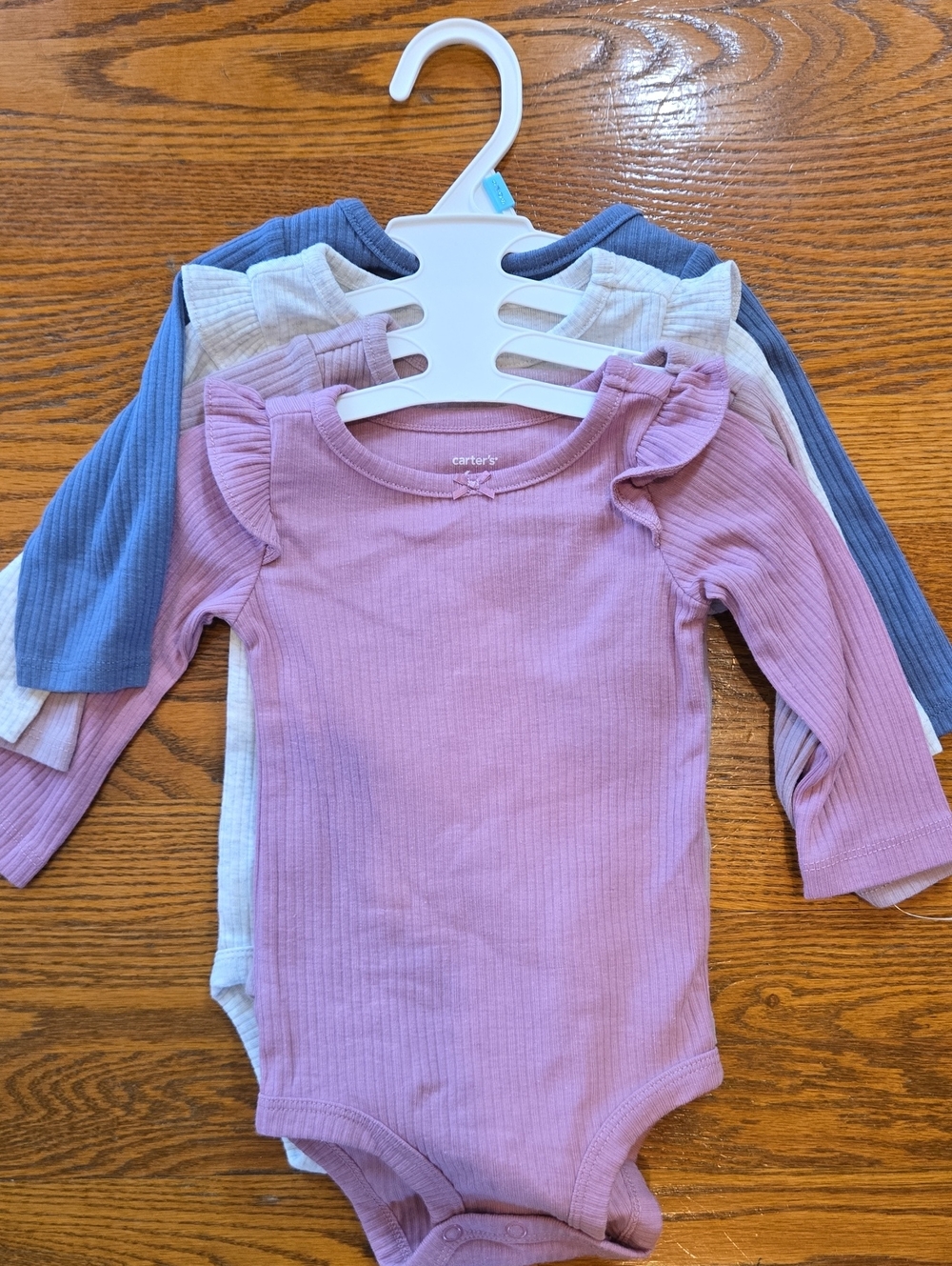 Carter's NWOT Long-Sleeve Ribbed Onesies, 6M, Pink, Light Gray, Blue